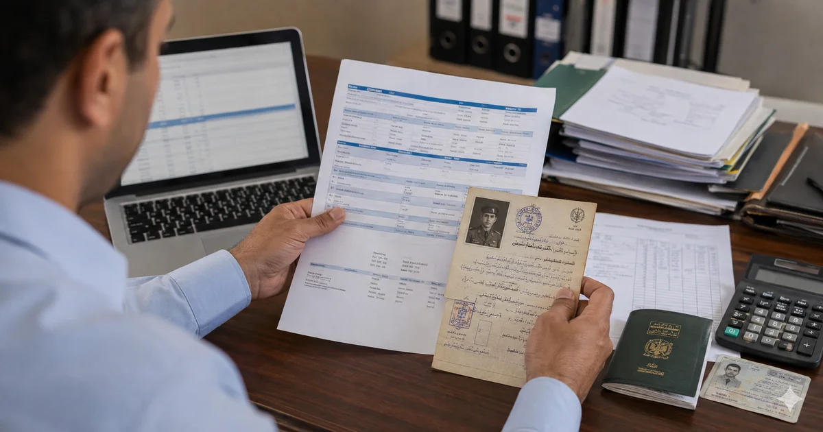 موظف يراجع بيان مدد الاشتراك وشهادة الخدمة العسكرية للتحقق من احتساب مدة التجنيد في التأمينات