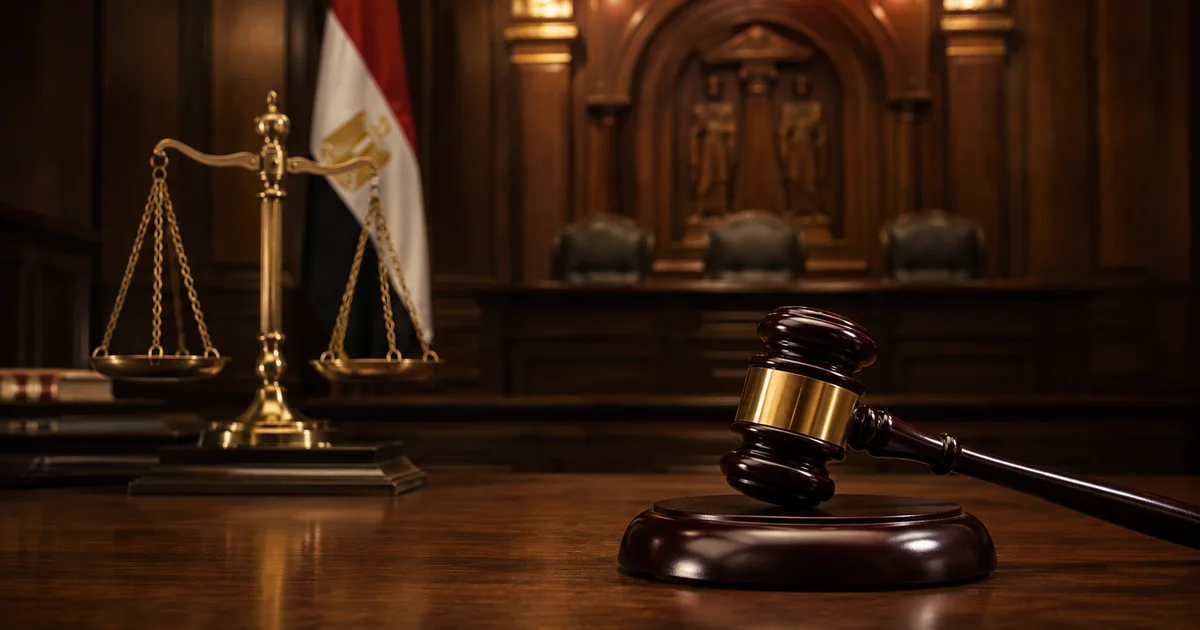 مطرقة قاضٍ وميزان العدالة داخل قاعة محكمة في مصر للتعبير عن إعادة الإجراءات في الجنايات