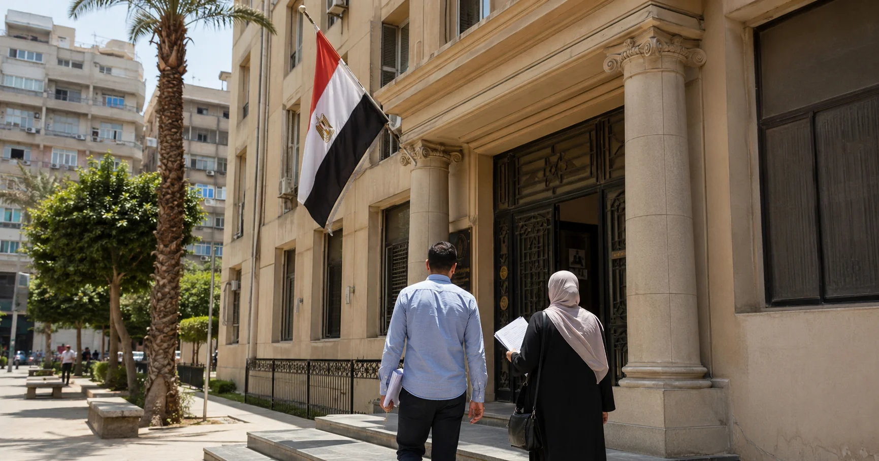 مواطنون أمام جهة حكومية مصرية لاستكمال إجراءات إضافة لقب العائلة في السجلات الرسمية.