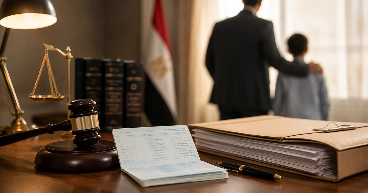 إجراءات صرف أموال القاصر من المجلس الحسبي مع مستندات قانونية ومطرقة القضاء وولي مع طفل.