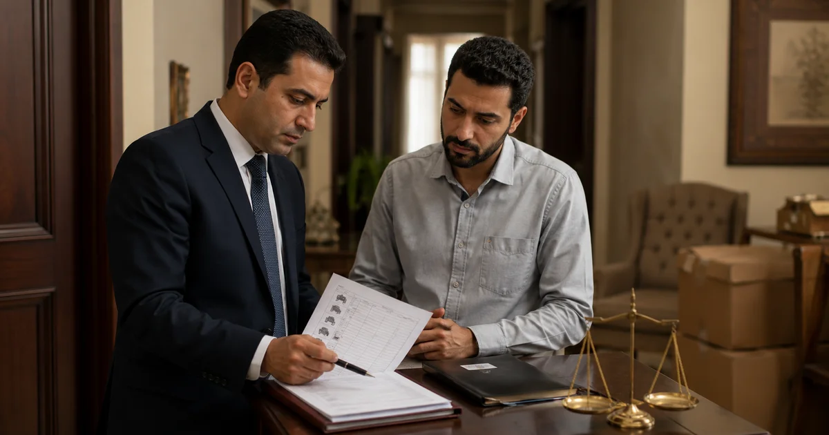 محامٍ يراجع الدفوع والمستندات لاختيار الدفع المناسب في قضية تبديد المنقولات