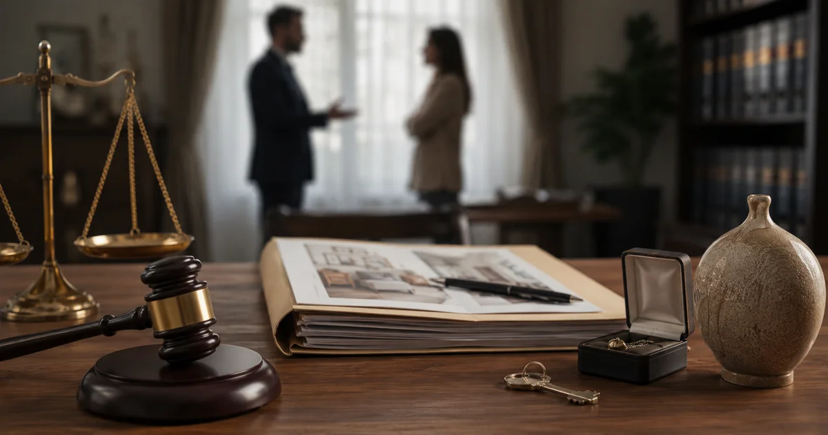 ميزان العدالة وملف قانوني ومقتنيات منزلية تعبر عن جنحة تبديد منقولات الزوجية
