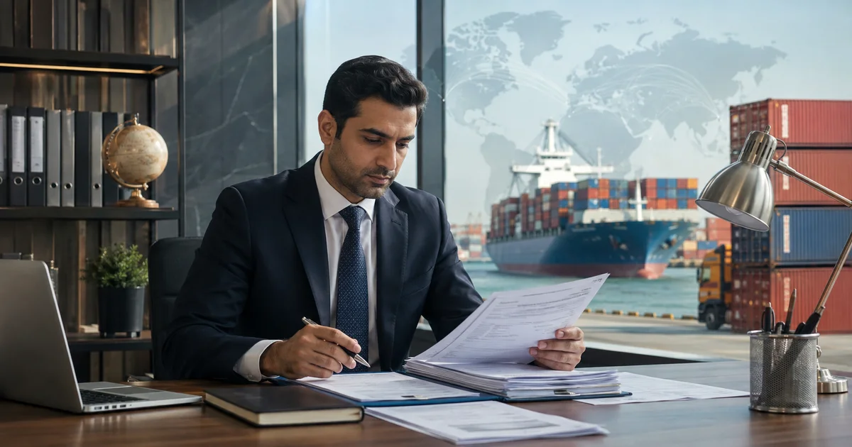 موظف يراجع مستندات الاعتماد المستندي أمام ميناء وسفينة شحن دولية.