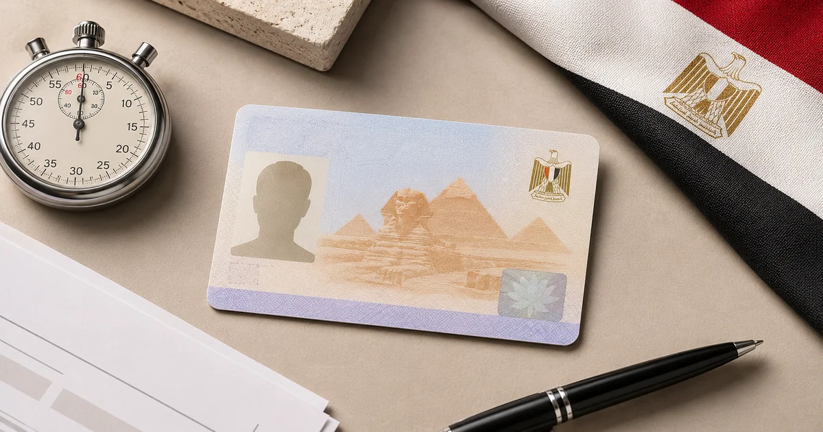 بطاقة رقم قومي مصرية بجوار ساعة ومستلزمات تقديم الطلب في إشارة إلى خدمات إصدار البطاقة السريعة