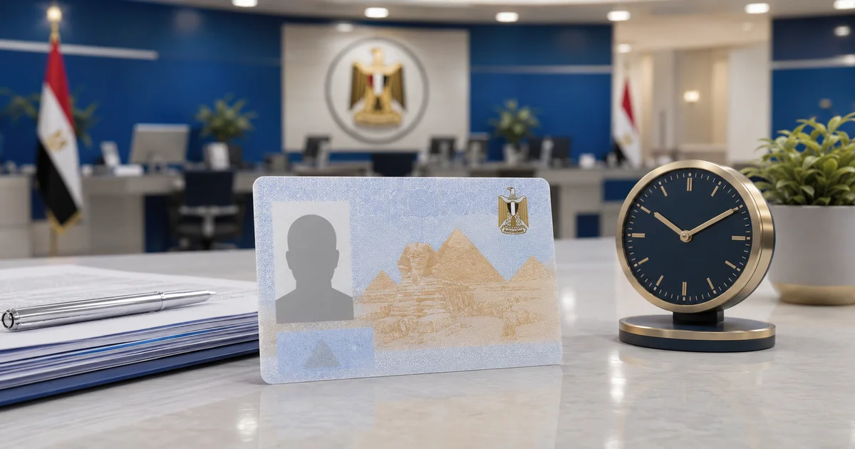 بطاقة رقم قومي مصرية بجوار ساعة داخل مقر خدمة حكومية للتعبير عن استخراج بطاقة الرقم القومي بسرعة