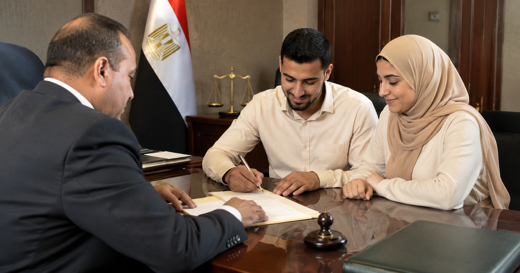 زوجان أثناء توثيق التصادق على الزواج أمام الجهة المختصة في مصر