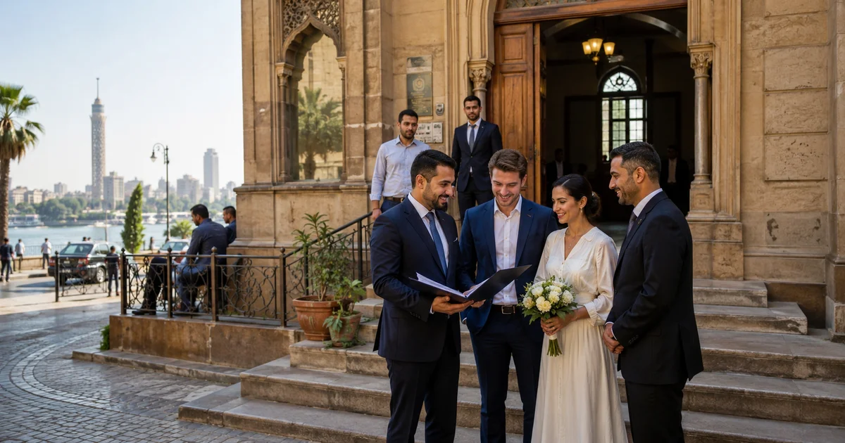 وجان أجنبيان مع مستندات الزواج أمام جهة التوثيق ضمن إجراءات زواج الاجانب في مصر