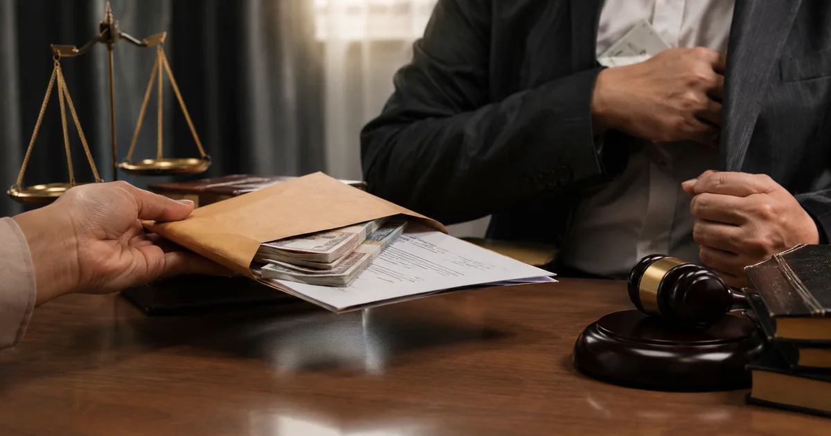 مظروف يحتوي على أموال ومستندات بجوار مطرقة القضاء وميزان العدالة في مشهد يوضح إساءة التصرف في المال المسلم على سبيل الأمانة.