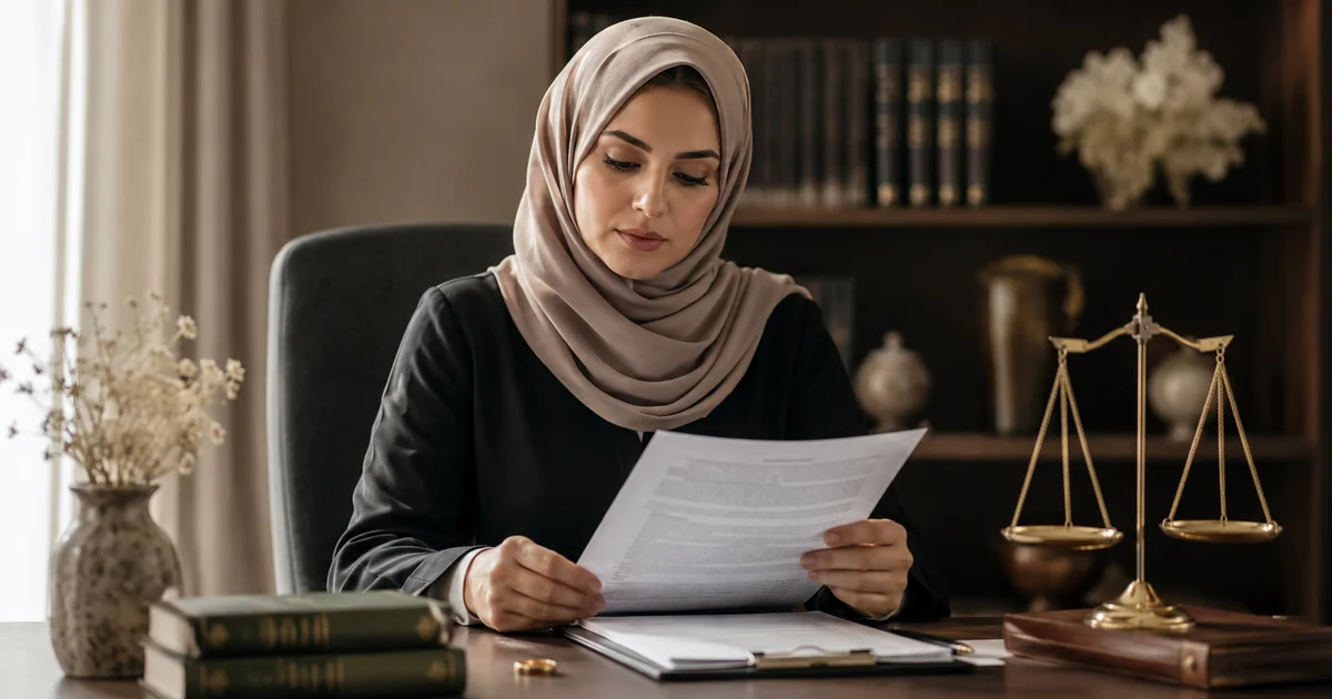 امرأة محجبة تراجع مستندات قانونية ترمز إلى حقوق المرأة المطلقة في الإسلام والمهر والعدة والمتعة والخلع