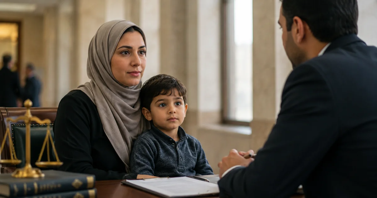 امرأة مطلقة مع طفل أثناء استشارة قانونية توضح الفرق بين حقوق المطلقة الشخصية وحقوق الأطفال بعد الطلاق