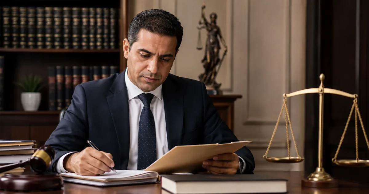 محامٍ يراجع مستندات قضية داخل مكتب قانوني في إطار توضيحي عن إعادة الإجراءات في الجناية بتوكيل