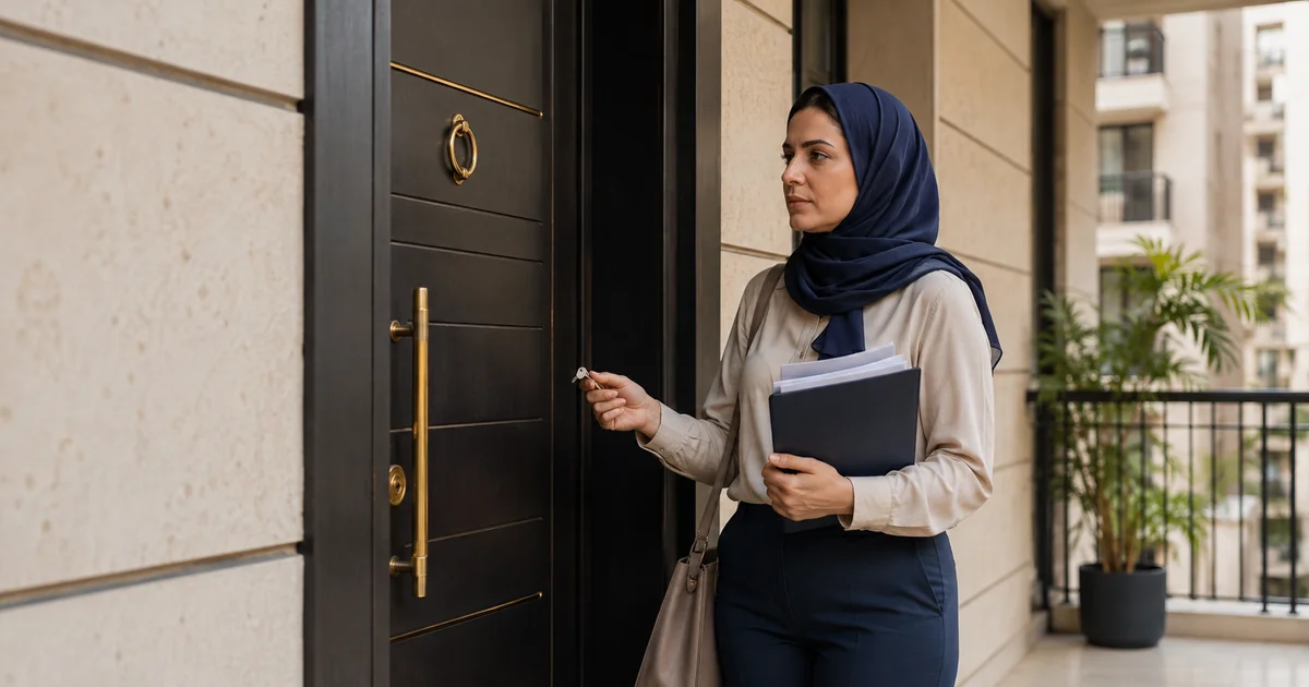 زوجة تقف أمام باب مسكن الزوجية بعد منعها من الدخول عقب تنفيذ قرار التمكين