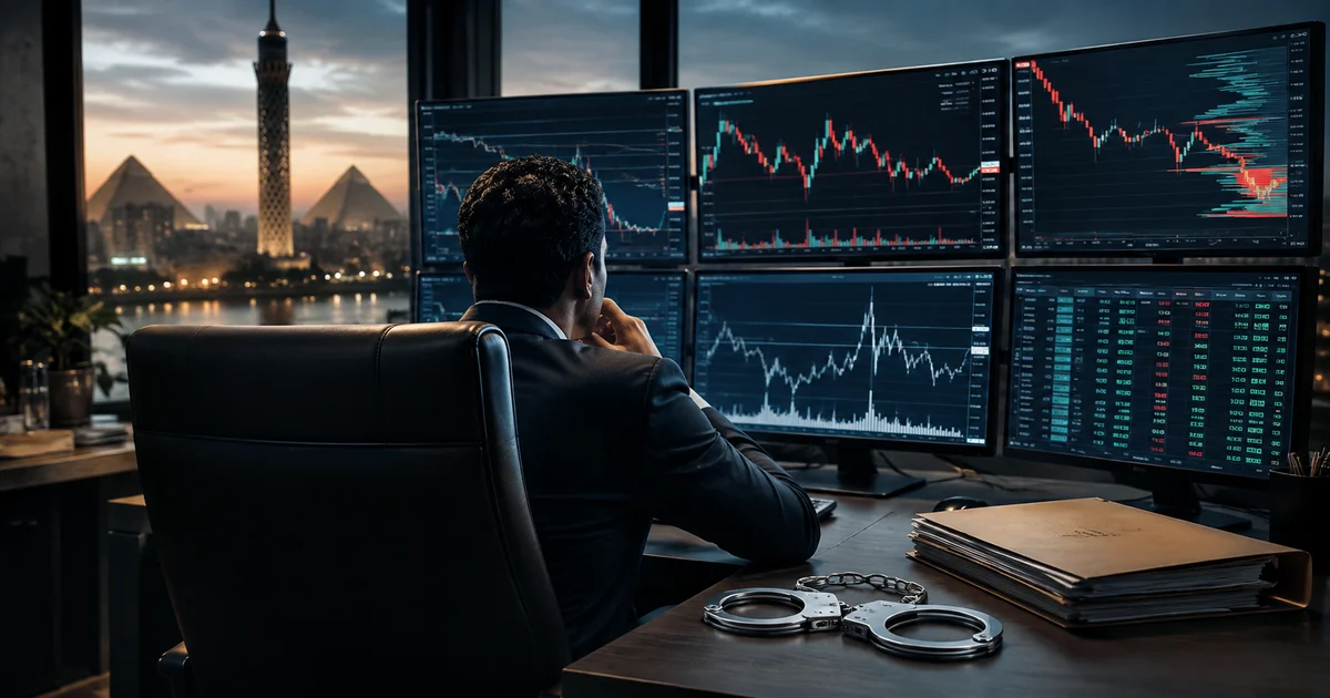 متداول أمام شاشات البورصة مع أصفاد ترمز إلى عقوبة التلاعب في البورصة