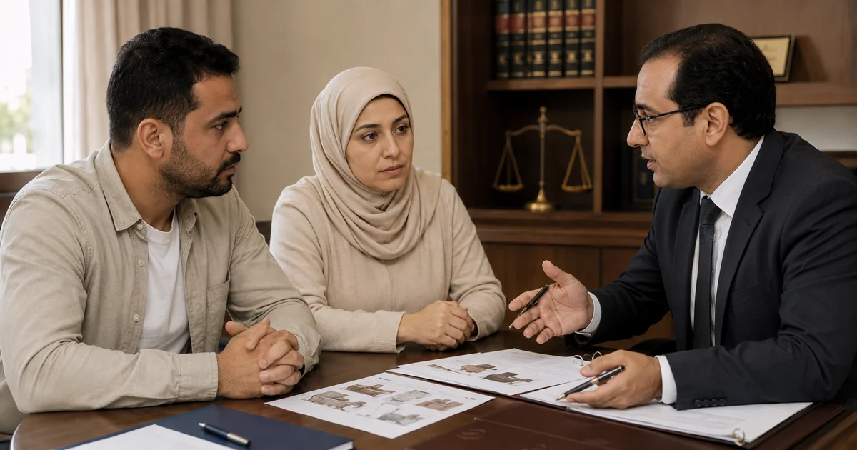 زوجان يراجعان مع محامٍ موقف قائمة المنقولات والخلع والمستندات المتعلقة بالنزاع