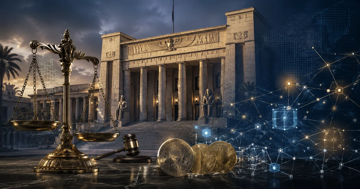 قانون العملات الرقمية في مصر مع ميزان العدالة والعملات المشفرة وشبكات البلوك تشين أمام مبنى قضائي مصري.