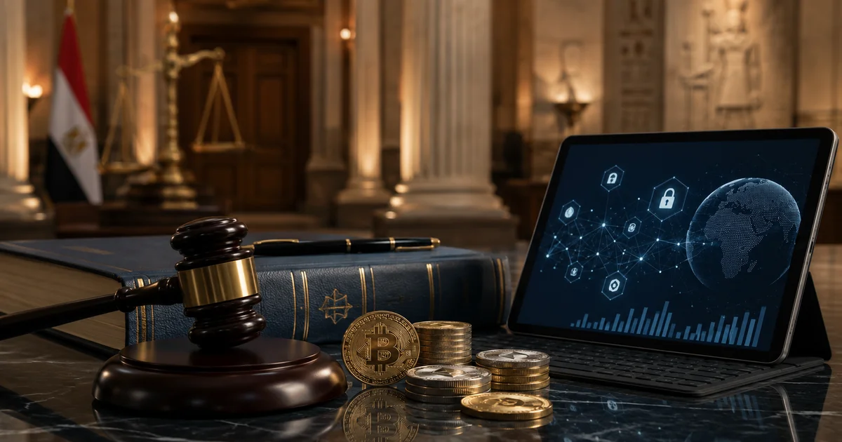 قانون العملات الرقمية في مصر مع ميزان العدالة والعملات المشفرة وتقنيات الأمان الرقمي داخل مشهد قانوني مصري.