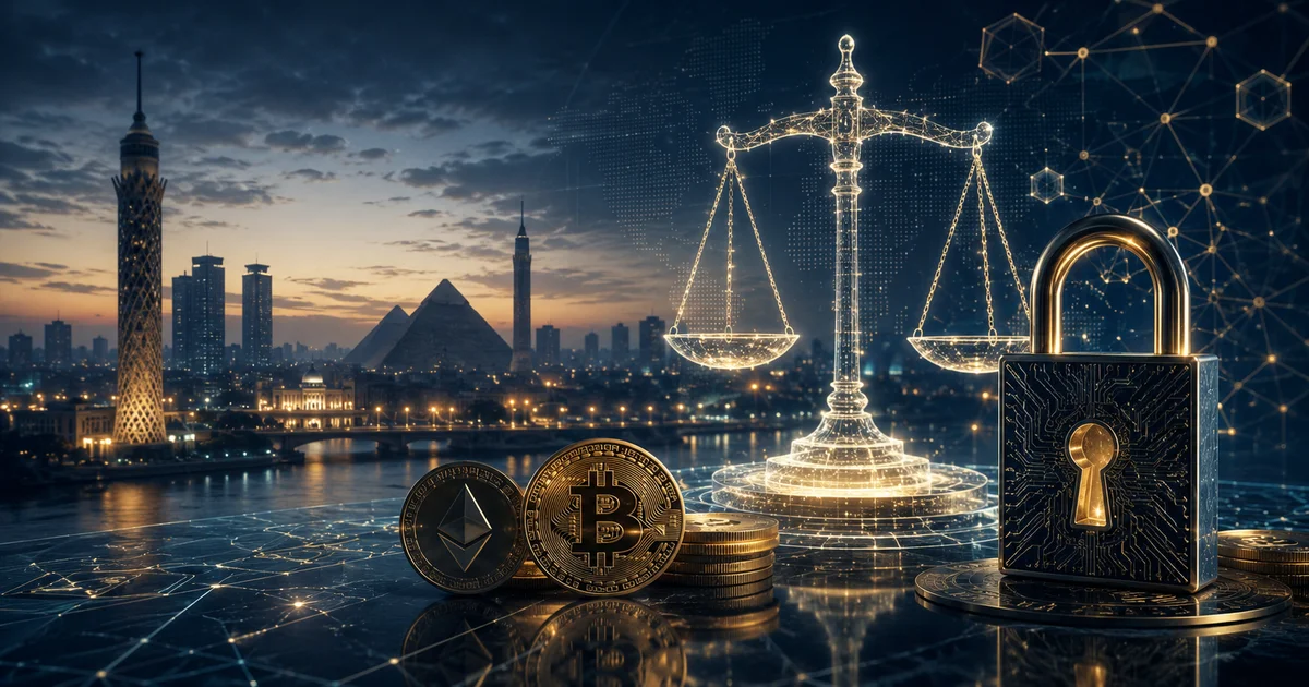 العملات المشفرة في مصر مع Bitcoin وEthereum وميزان العدالة وقفل رقمي أمام معالم القاهرة.
