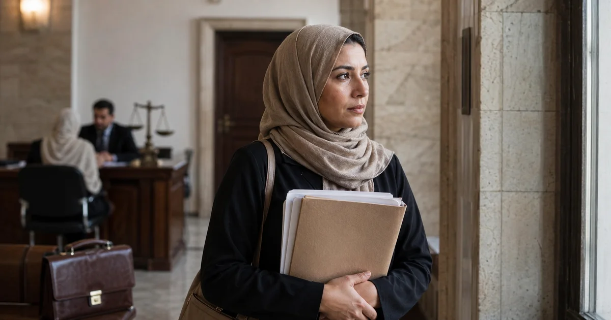 سيدة تحمل ملف أوراق داخل مبنى محكمة في مشهد يعبر عن مراجعة المستندات لتقدير تكلفة قضية الخلع