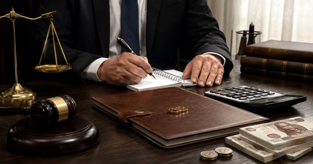 مكتب قانوني تظهر عليه أوراق وميزان عدل وآلة حاسبة ونقود في تعبير عن عناصر تكلفة قضية الخلع