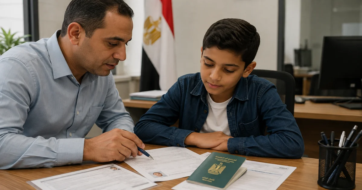 أب وطفل يراجعان مستندات تجديد جواز سفر الطفل وبجوارهما جواز سفر مصري.