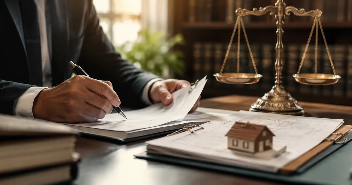 محامٍ يراجع مستندات عقار في منازعة حيازة بجوار ميزان العدالة ونموذج منزل.
