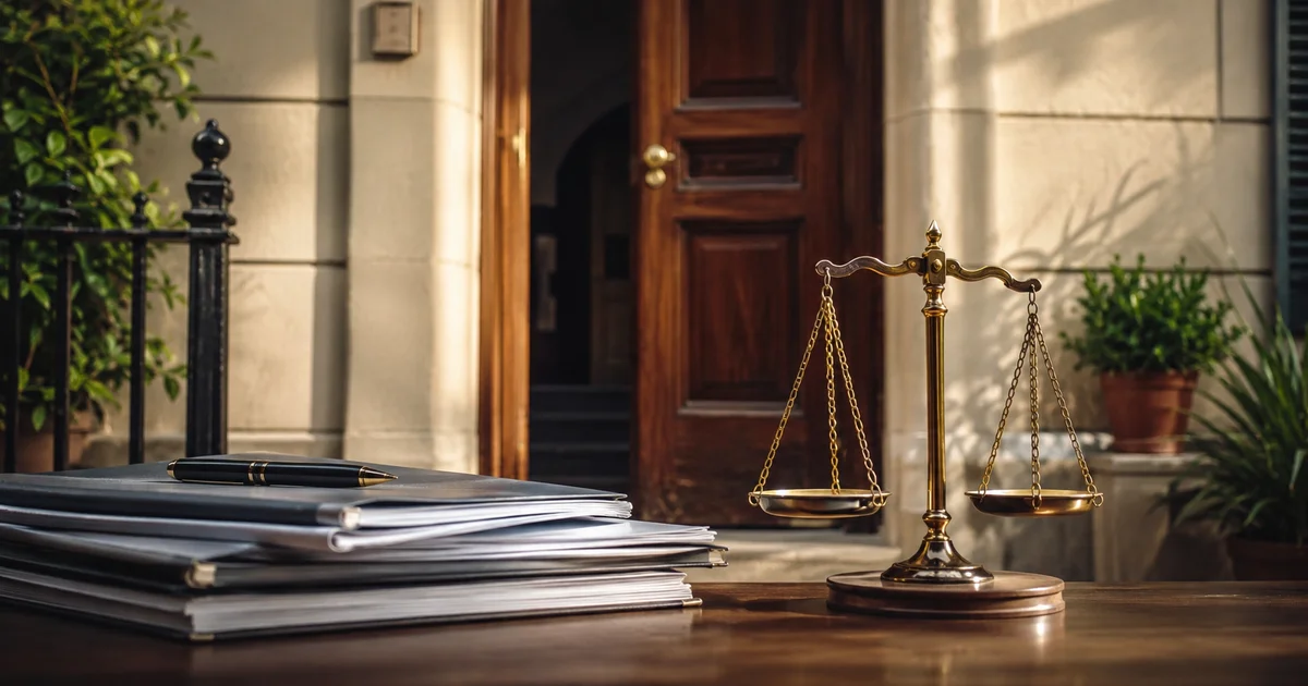 ميزان العدالة أمام عقار في نزاع حيازة مع ملفات قانونية ترمز إلى إجراءات محضر تمكين حيازة.