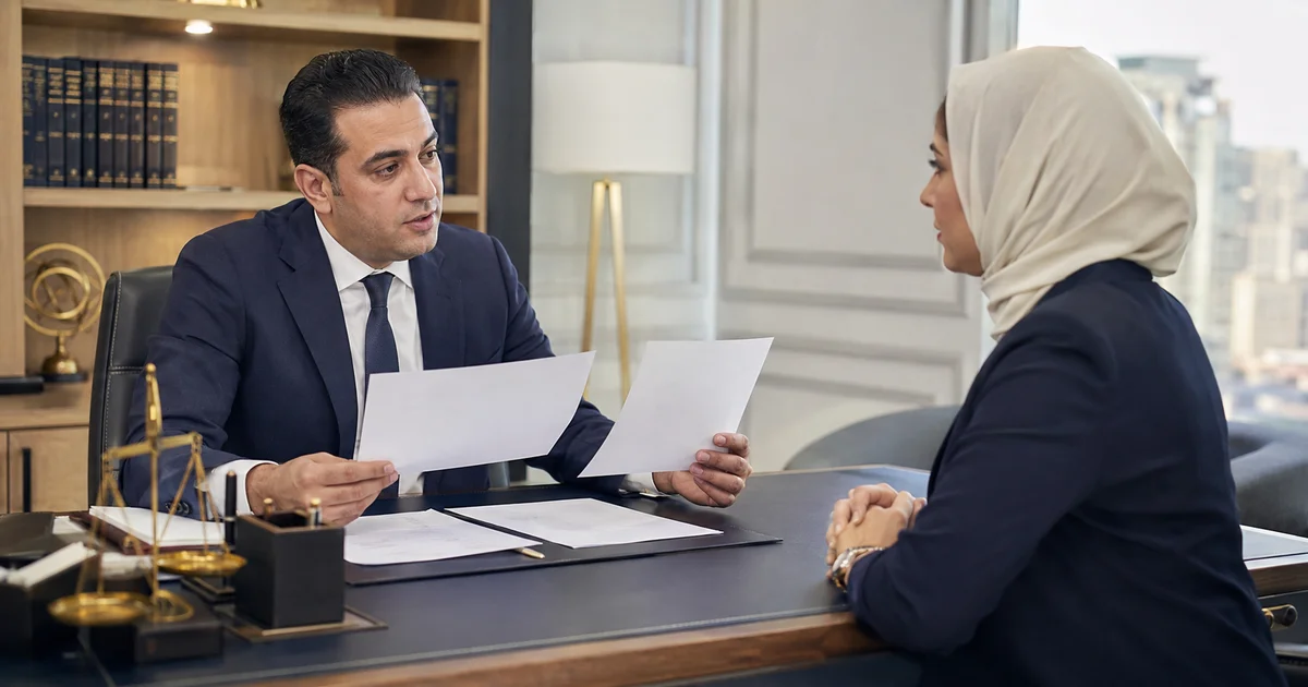 محامي أحوال شخصية يراجع مع موكلته إنذار الطاعة والمستندات المرتبطة بدعوى النشوز