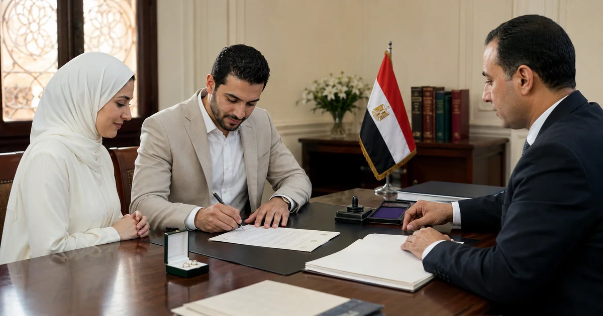 زوجان أثناء توقيع وثيقة تصادق على زواج أمام الموظف المختص في مصر
