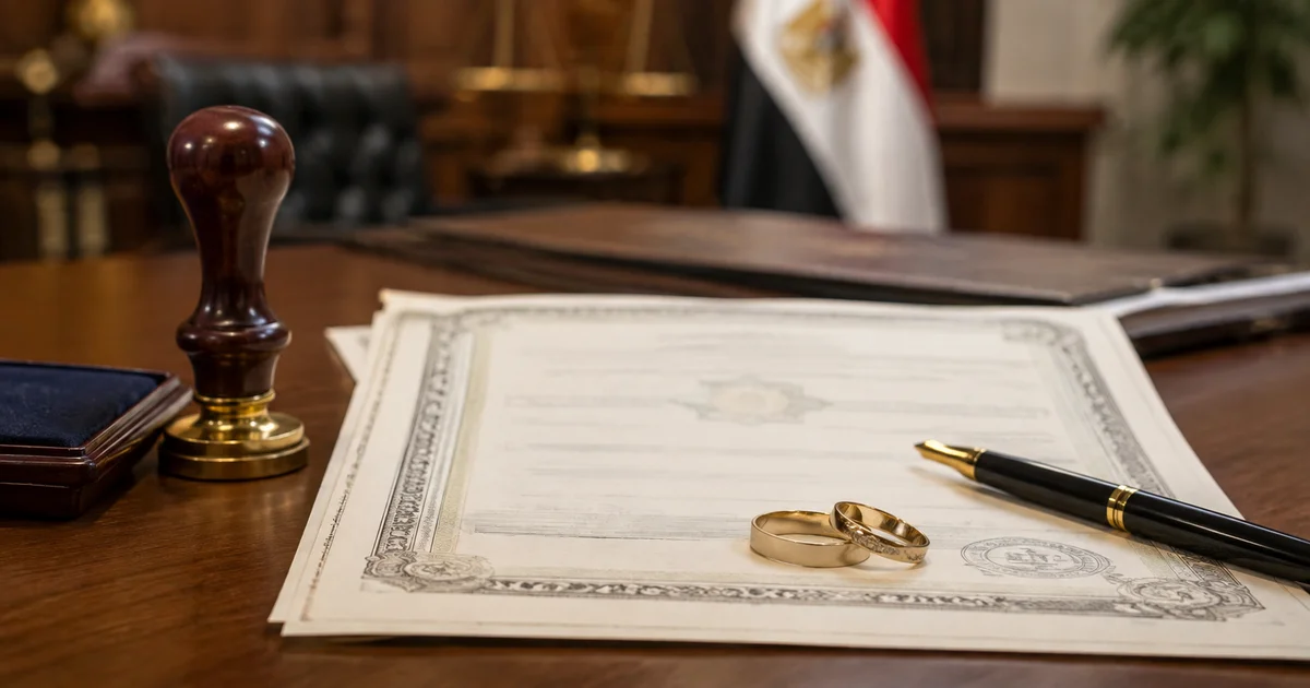 وثيقة زواج رسمية بجوار خاتم وأقلام وخاتمي زواج داخل مكتب توثيق