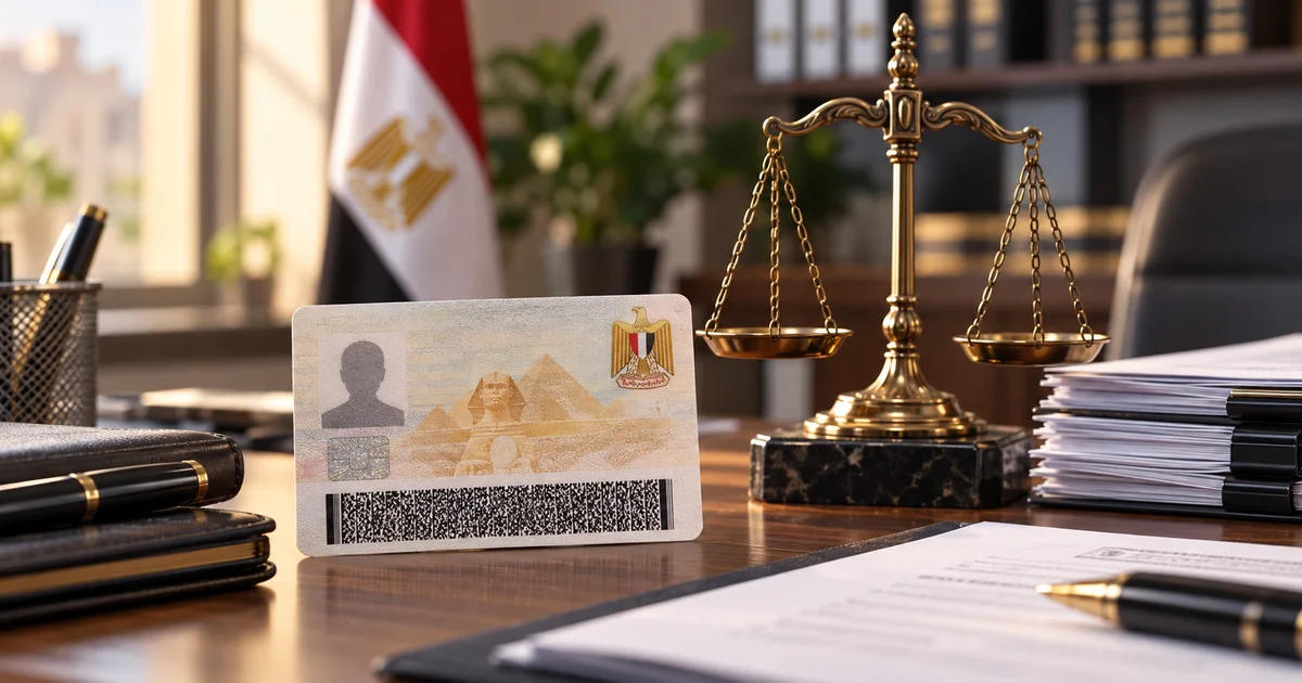 بطاقة رقم قومي مصرية بجوار مستندات رسمية وميزان العدالة لتوضيح إثبات المهنة وتحديث البيانات