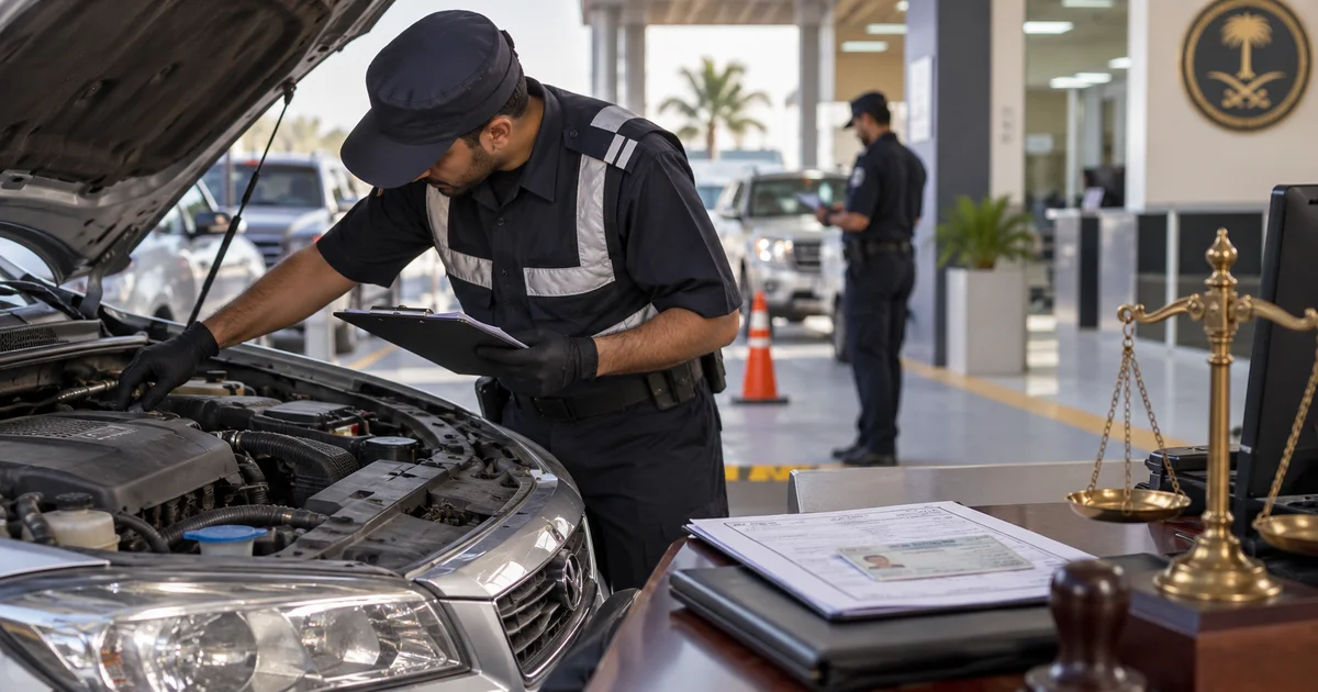 موظف مرور يفحص السيارة مع مراجعة مستندات الفحص الفني للمركبة