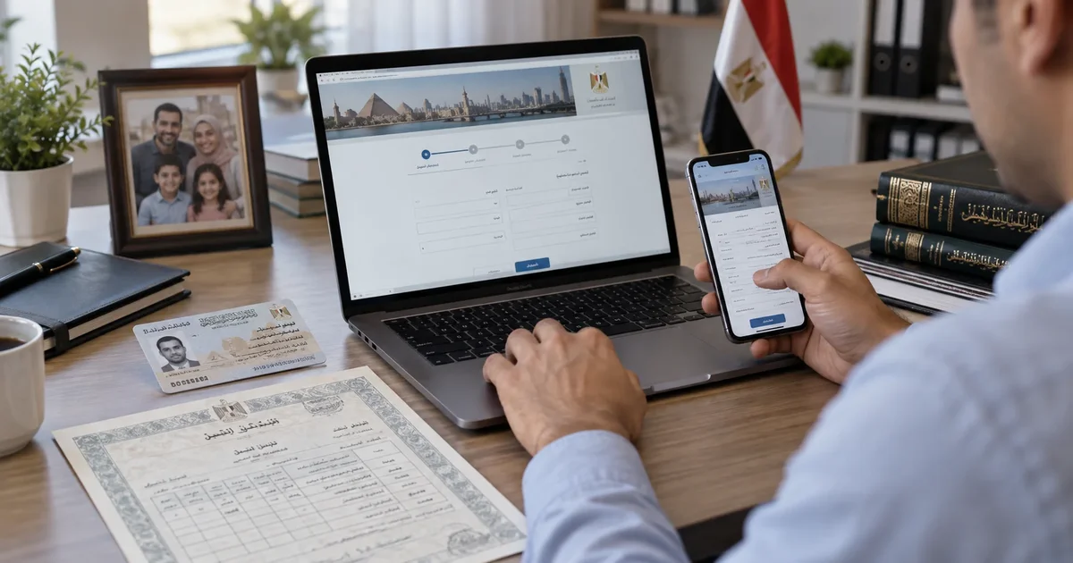 تقديم طلب استخراج قيد عائلي إلكتروني من خلال اللابتوب والهاتف مع مستندات الأسرة