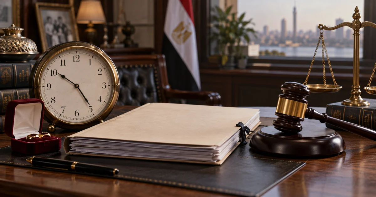 ملف قضية تبديد منقولات أمام ميزان العدالة ومطرقة القاضي مع ساعة ترمز إلى مراحل ومدة نظر الجنحة.