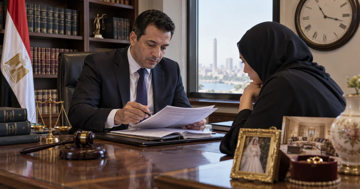محامٍ يراجع مستندات قضية تبديد المنقولات مع موكلة داخل مكتب قانوني وساعة تشير إلى أهمية متابعة مراحل القضية.