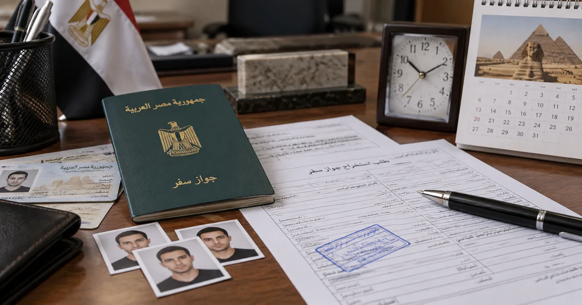 جواز سفر مصري مع مستندات التقديم والصور الشخصية وساعة توضح مدة استخراج جواز السفر.