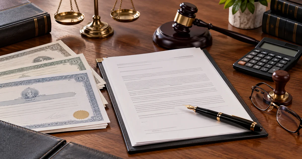 مستندات تنازل عن حصص شركة مع ميزان العدالة وختم وأوراق الملكية